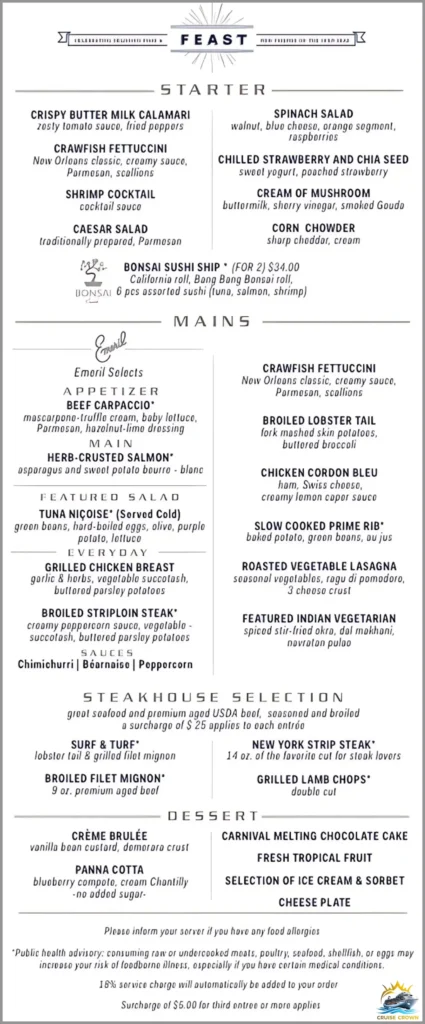 Carnival Main Dining Room Dinner Menu for night 6