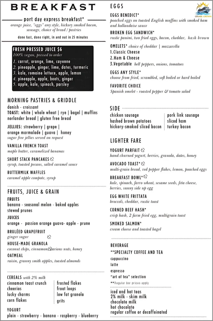 Carnival Main Dining Room Breakfast Menu