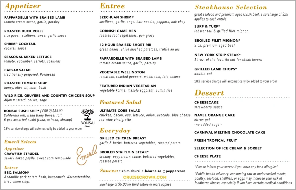 Carnival Main Dining Room Dinner Menu for night 1