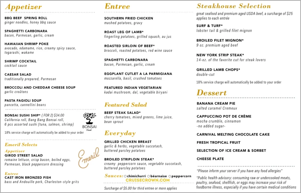 Carnival Main Dining Room Dinner Menu for night 3