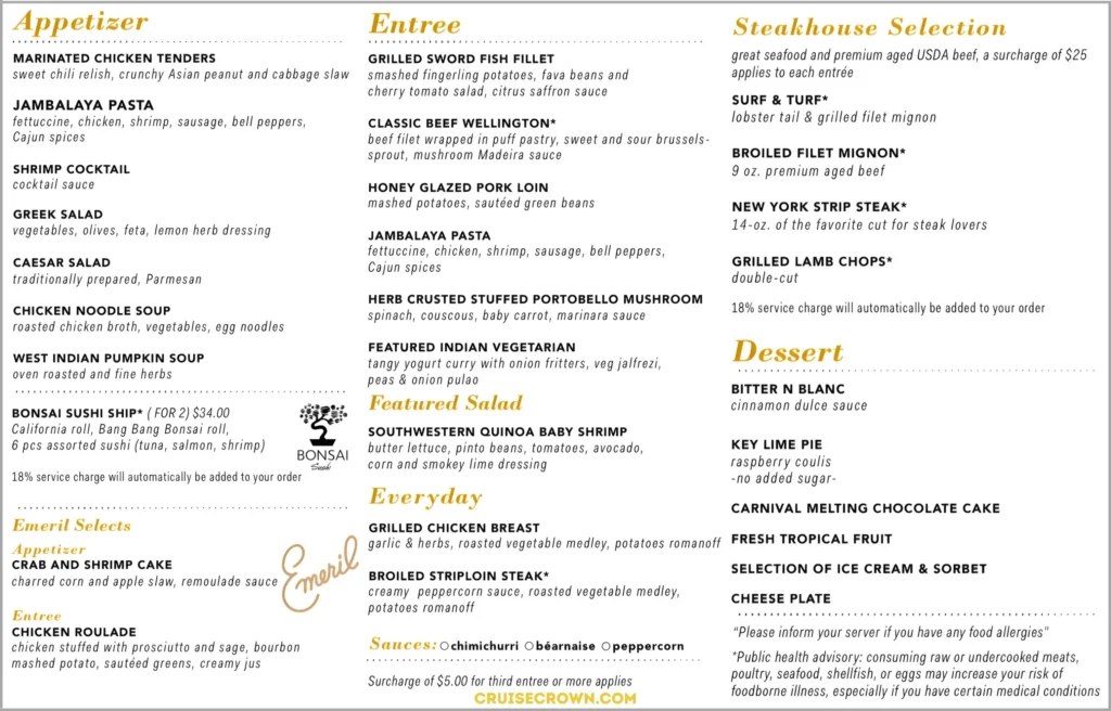 Carnival Main Dining Room Dinner Menu for night 4