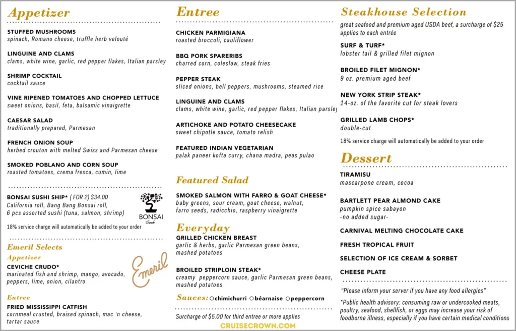 Carnival Main Dining Room Dinner Menu for night 5