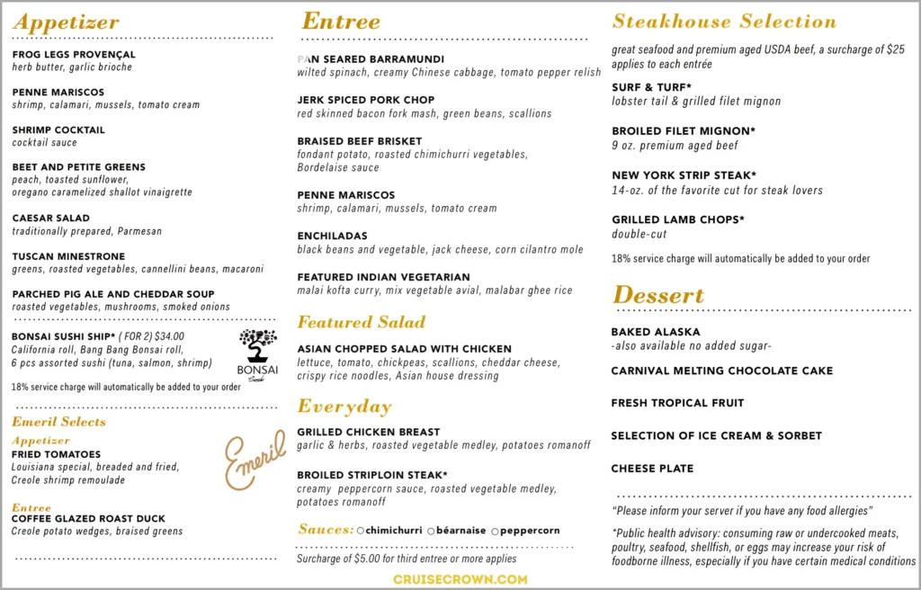 Carnival Main Dining Room Dinner Menu for night 7