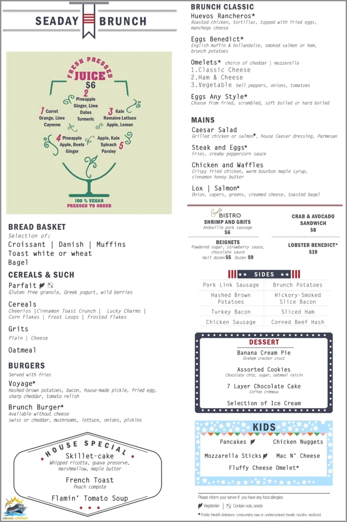 Carnival Main Dining Room Brunch Menu