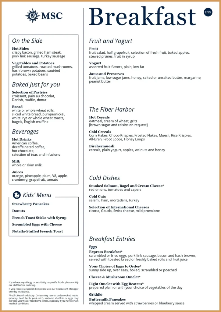 MSC Main Dining Room Menu 2025
MSC breakfast menu