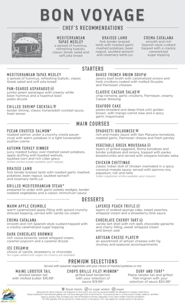 Royal Caribbean Bon Voyage Menu
Royal Caribbean Main Dining Room Menu