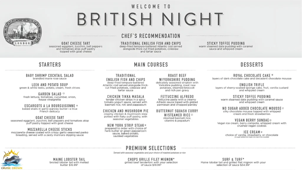 Royal Caribbean British Night Menu
Royal Caribbean Main Dining Room Menu