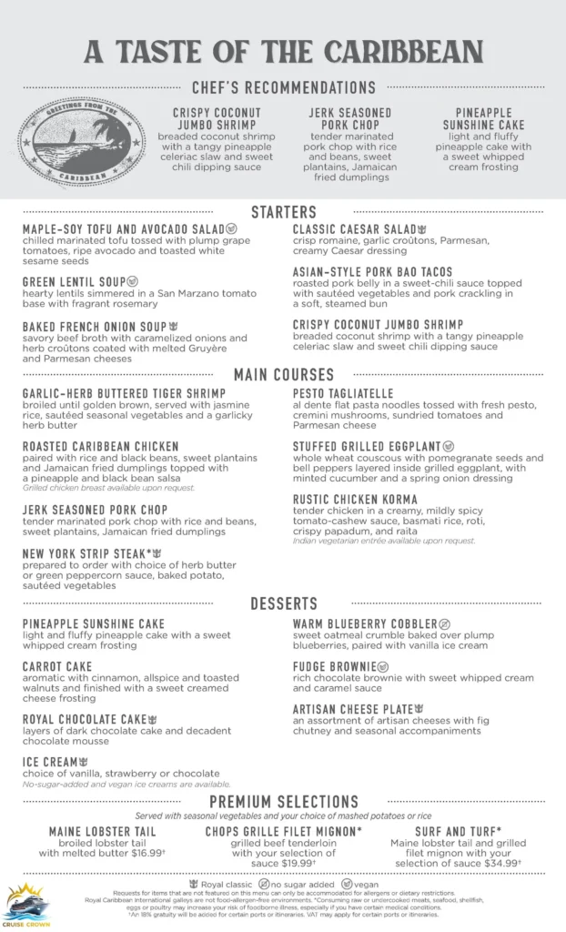 Royal Caribbean Caribbean Night Menu
Royal Caribbean Main Dining Room Menu