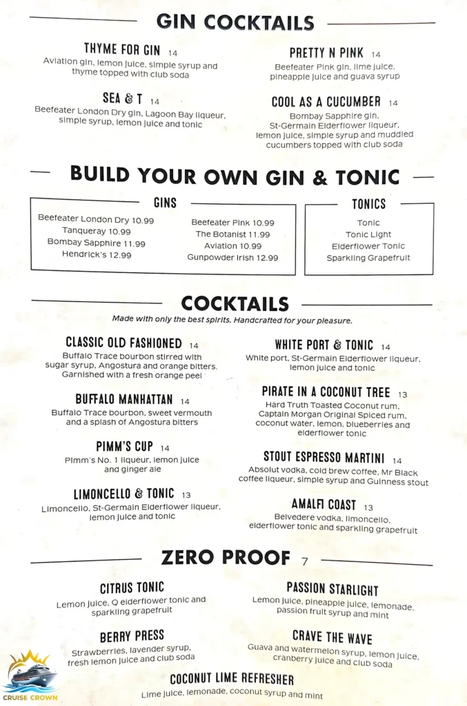 Royal Caribbean English Pub menus
royal caribbean drink prices 2025
