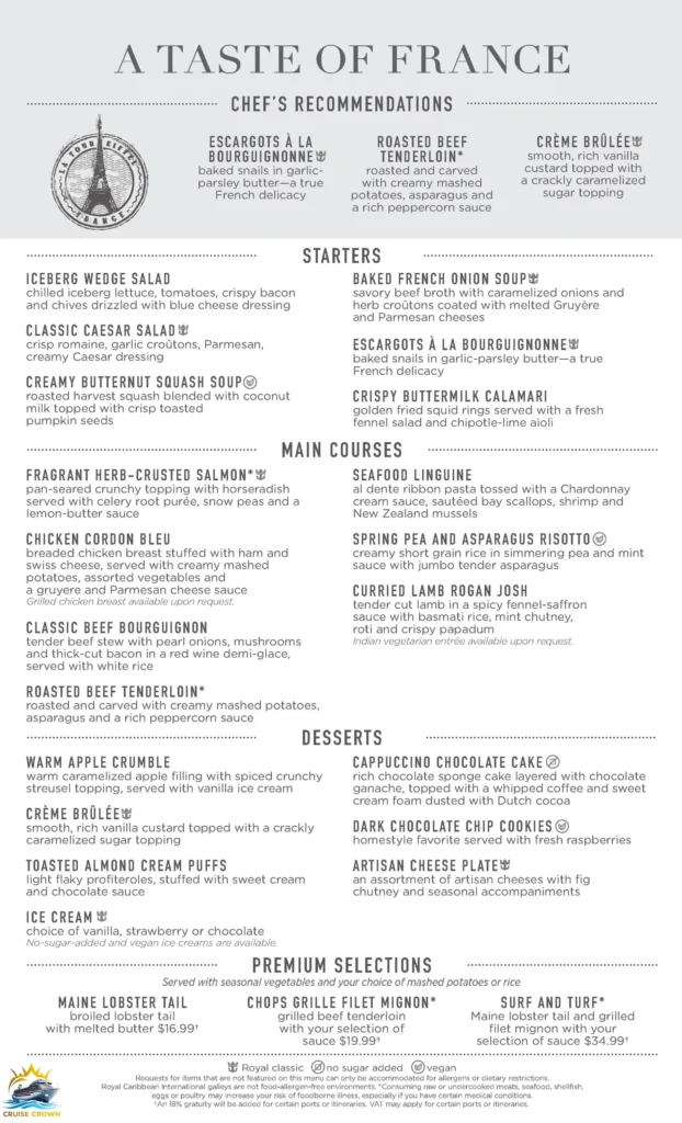 Royal Caribbean French Night Menu
Royal Caribbean Main Dining Room Menu
