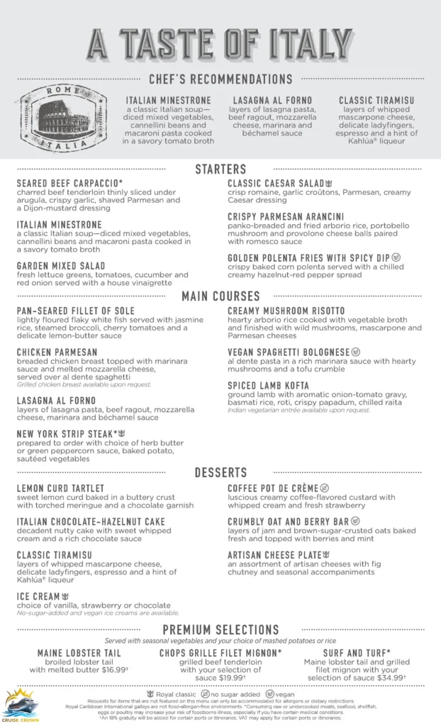 Royal Caribbean Italian Night Menu
Royal Caribbean Main Dining Room Menu