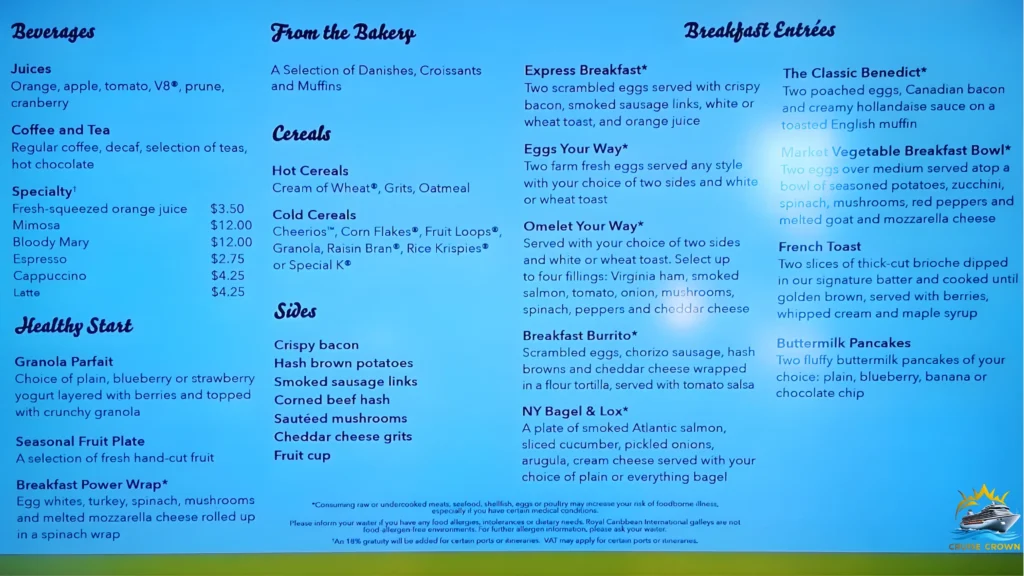 Royal Caribbean Main Dining Room Breakfast Menu
Royal Caribbean Main Dining Room Menu