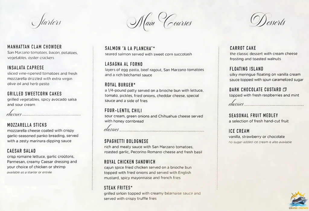 Royal Caribbean Main Dining Room Lunch Menu for day 3
Royal Caribbean Main Dining Room Menu