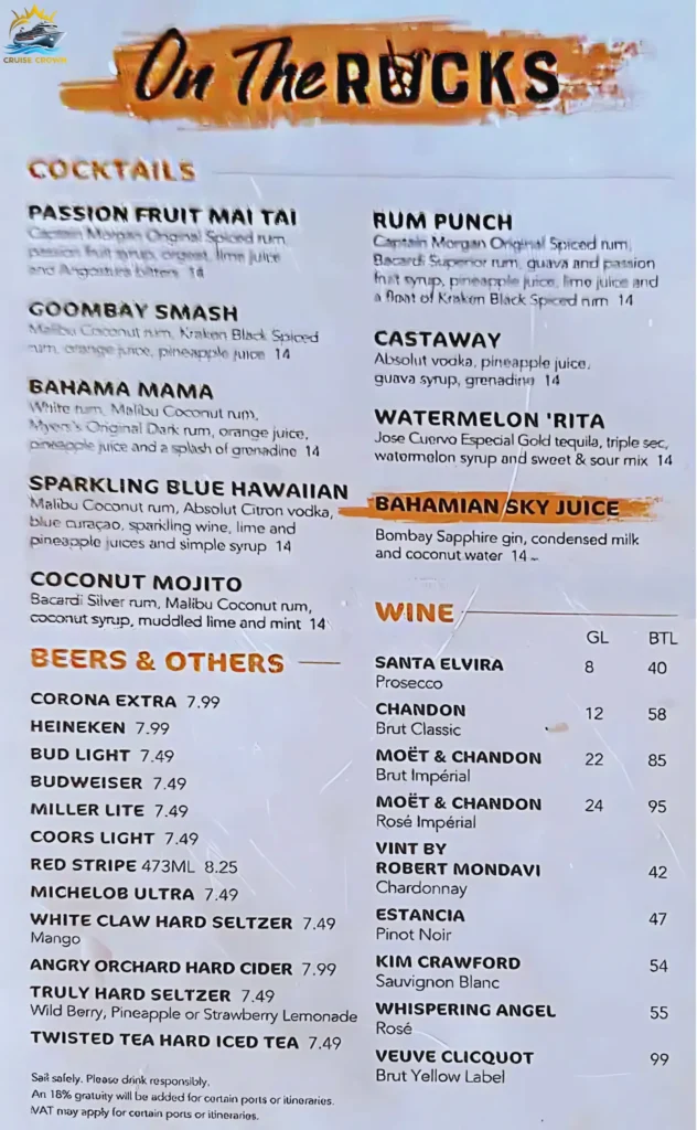 On the Rocks Bar on Perfect Day at CocoCay 
royal caribbean drink menu prices 2025