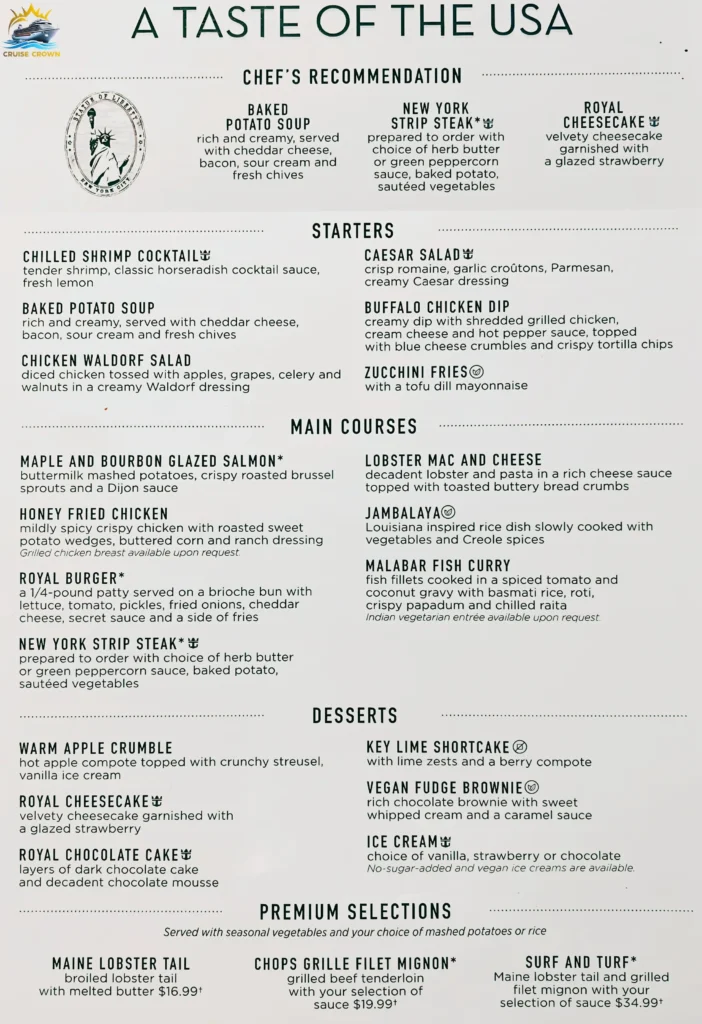 Royal Caribbean Taste of USA Menu
Royal Caribbean Main Dining Room Menu