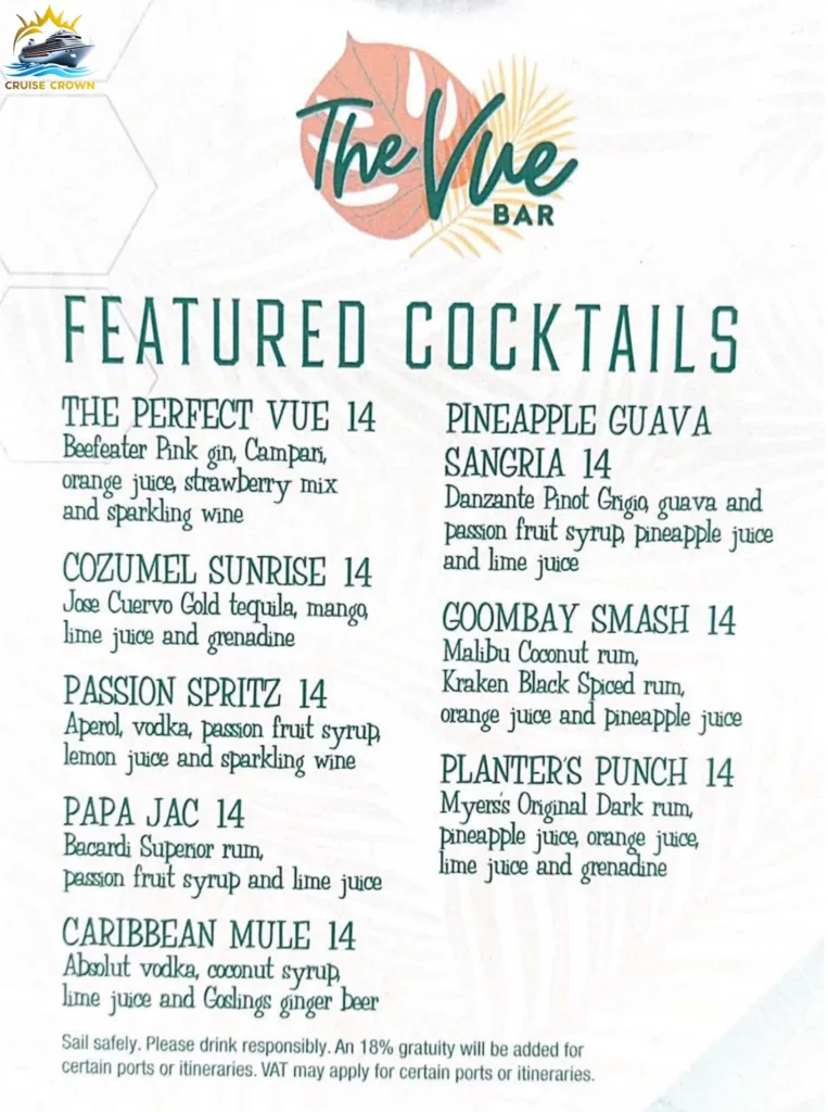 Royal Caribbean Vue bar menu
royal caribbean drinks cost