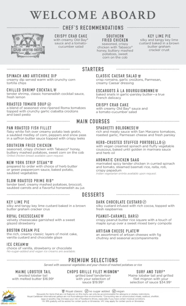 Royal Caribbean Welcome Aboard Menu
Royal Caribbean Main Dining Room Menu
