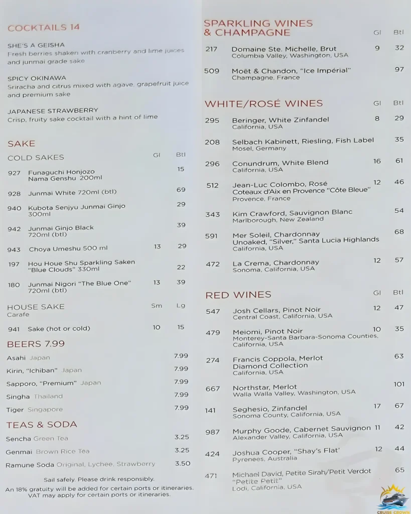 Izumi Royal Caribbean drink menu
royal caribbean drink cost