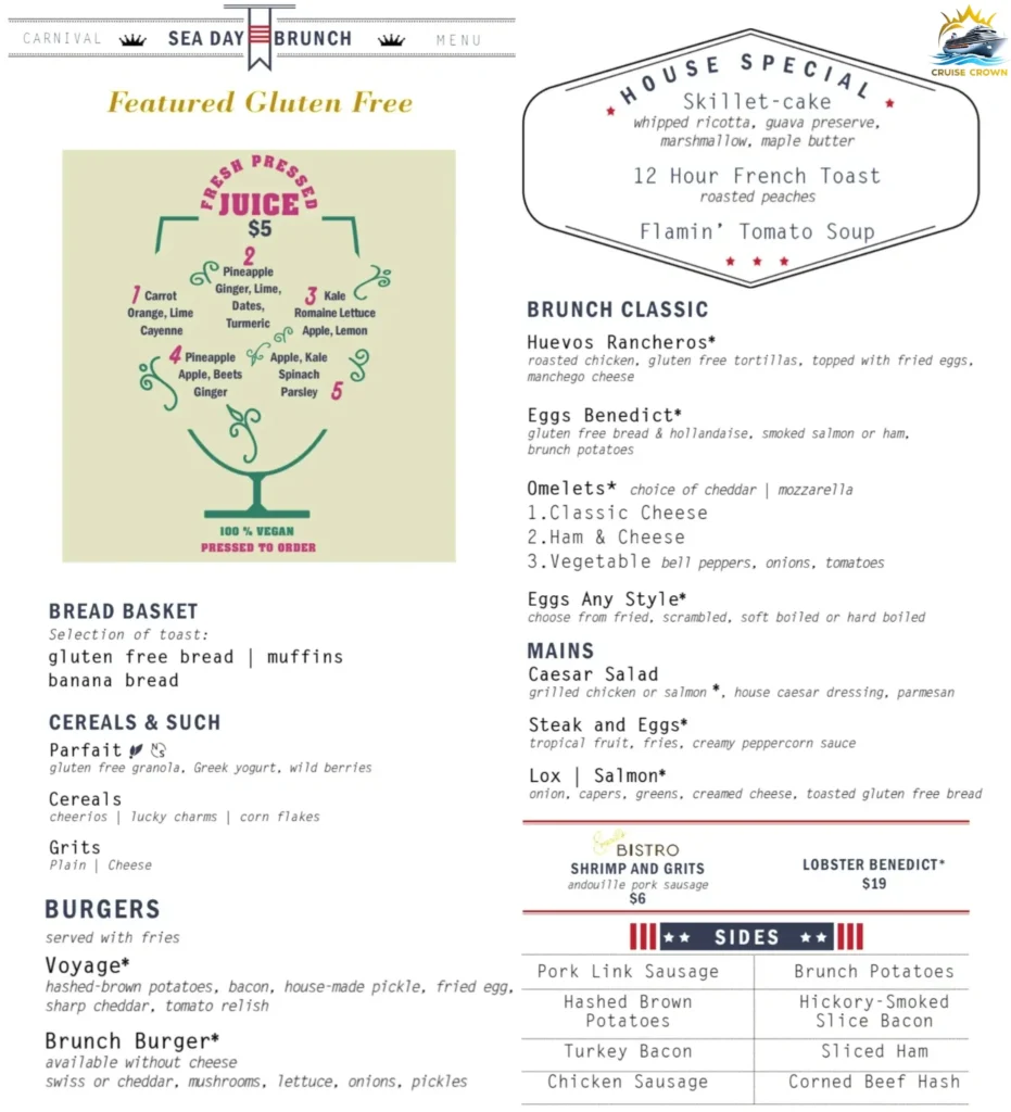 Carnival Gluten Free Seaday Brunch Menu