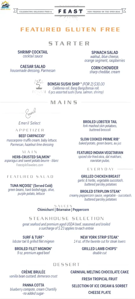 Carnival Gluten Free Dinner Menu for night 2