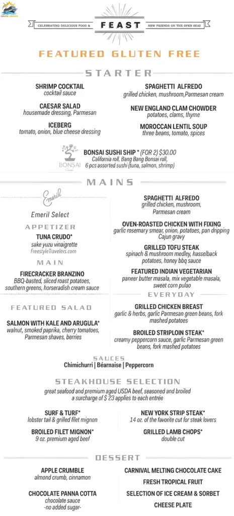 Carnival Gluten Free Dinner Menu for night 5