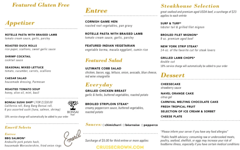 Carnival Gluten Free Dinner Menu for night 1