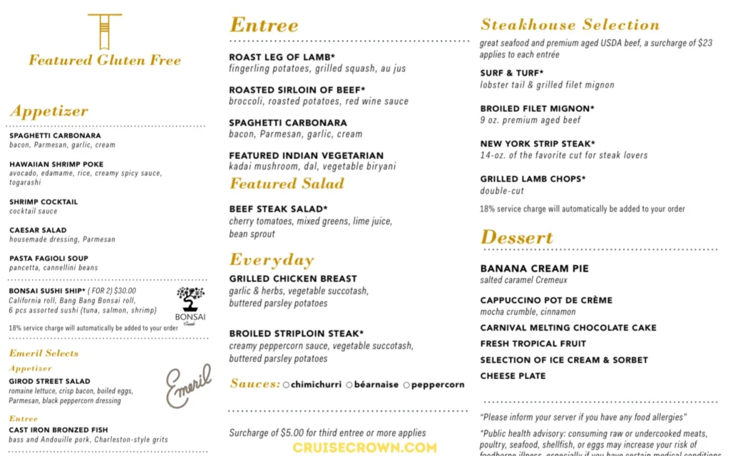 Carnival cruise Gluten Free Dinner Menu for night 3