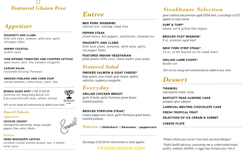 Carnival cruise Gluten Free Dinner Menu for night 4