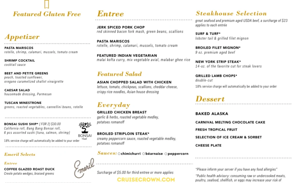 Carnival Gluten Free Dinner Menu for night 6