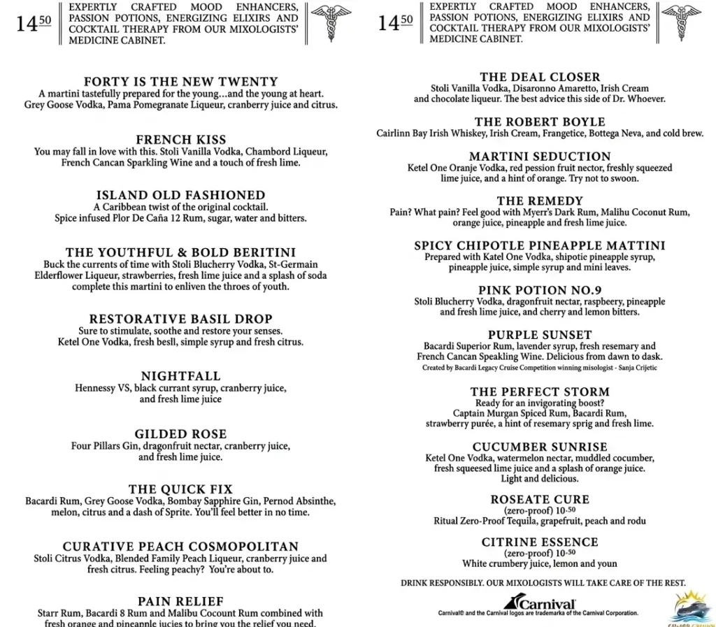 Carnival Alchemy Bar Menu