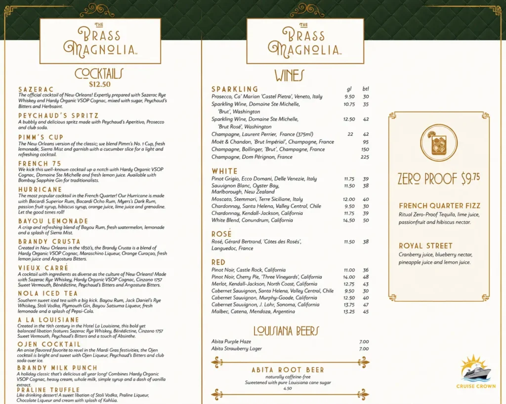 Carnival Brass Magnolia Bar Menu