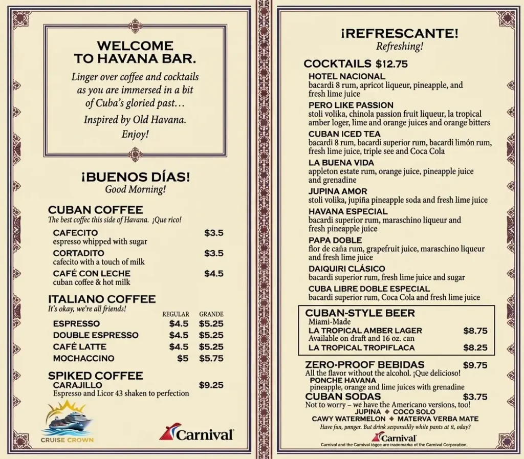 Carnival Havana Bar Menu