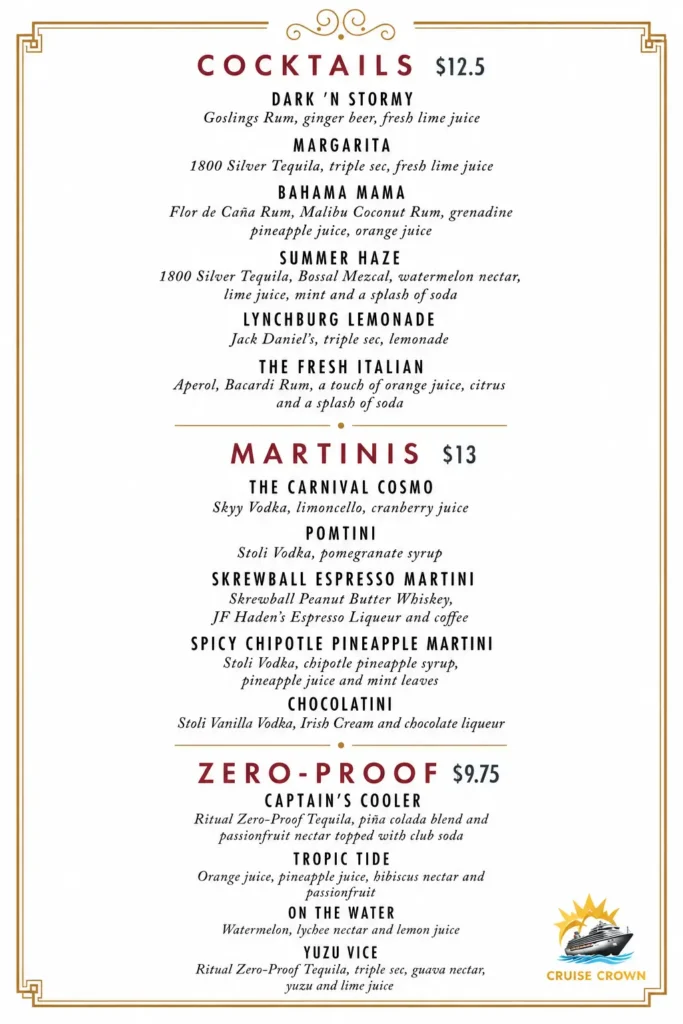 Carnival Main Dining Room Cocktail Menu