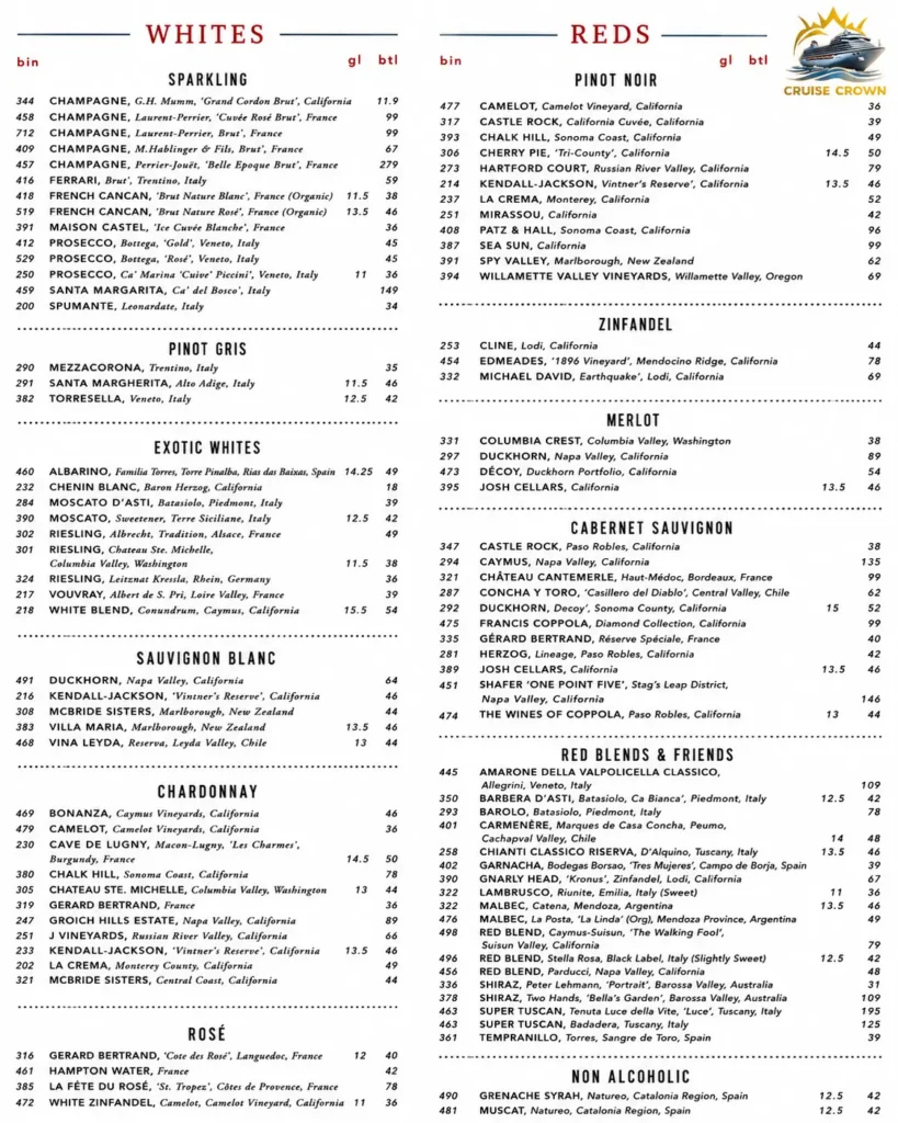 Carnival Main Dining Room Wine Menu