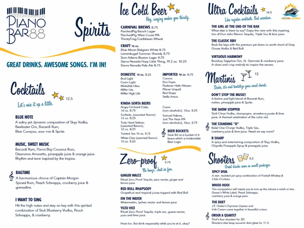 Carnival Piano Bar Menu