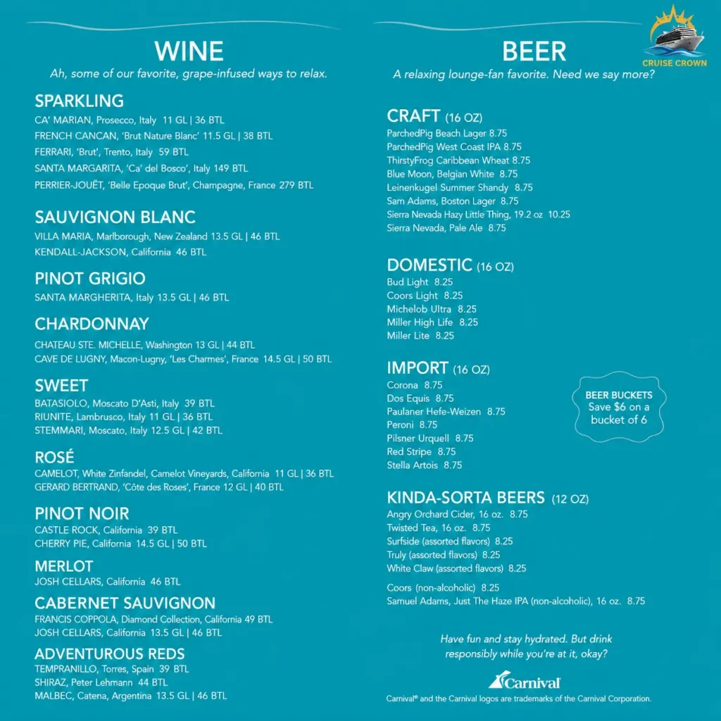 Carnival Serenity Bar Menu 2